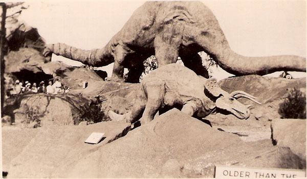 Brontosaurus, unknown people and Triceritops